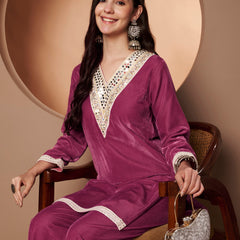 Poshak Hub Women Peach Mirror Work Embroidery Velvet Tunic with Trouser Co-ord Set