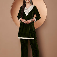 Poshak Hub Women Green Mirror Work Embroidery Velvet Tunic with Trouser Co-ord Set