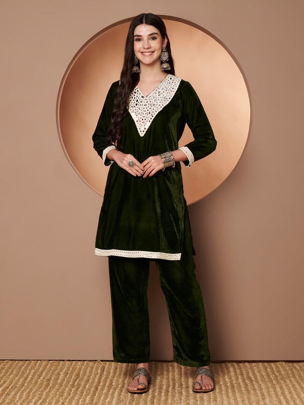 Poshak Hub Women Green Mirror Work Embroidery Velvet Tunic with Trouser Co-ord Set