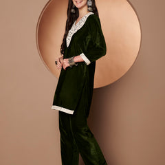 Poshak Hub Women Green Mirror Work Embroidery Velvet Tunic with Trouser Co-ord Set