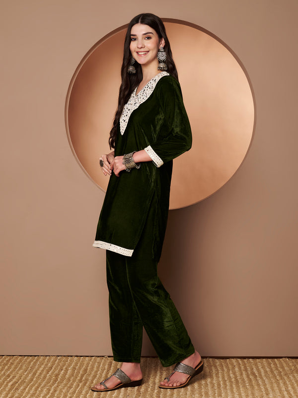 Poshak Hub Women Green Mirror Work Embroidery Velvet Tunic with Trouser Co-ord Set