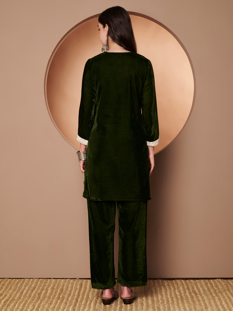Poshak Hub Women Green Mirror Work Embroidery Velvet Tunic with Trouser Co-ord Set