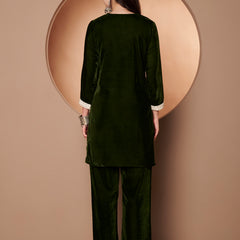 Poshak Hub Women Green Mirror Work Embroidery Velvet Tunic with Trouser Co-ord Set
