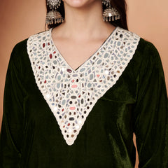 Poshak Hub Women Green Mirror Work Embroidery Velvet Tunic with Trouser Co-ord Set