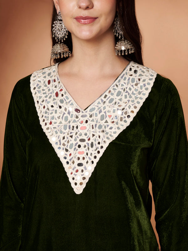 Poshak Hub Women Green Mirror Work Embroidery Velvet Tunic with Trouser Co-ord Set