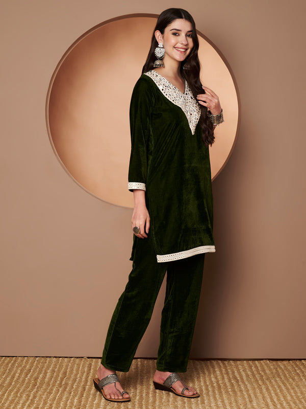 Poshak Hub Women Green Mirror Work Embroidery Velvet Tunic with Trouser Co-ord Set