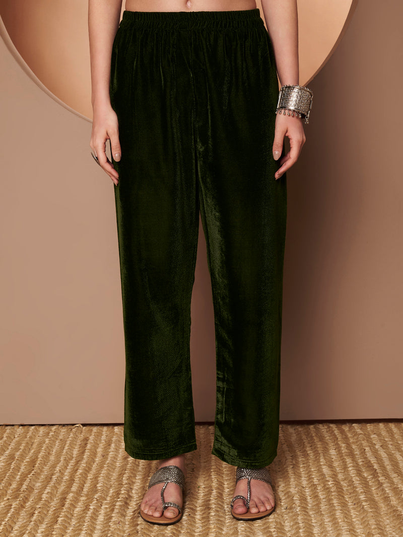 Poshak Hub Women Green Mirror Work Embroidery Velvet Tunic with Trouser Co-ord Set