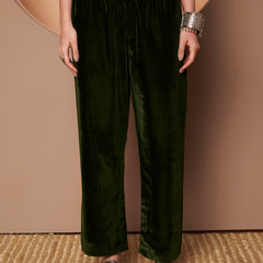 Poshak Hub Women Green Mirror Work Embroidery Velvet Tunic with Trouser Co-ord Set