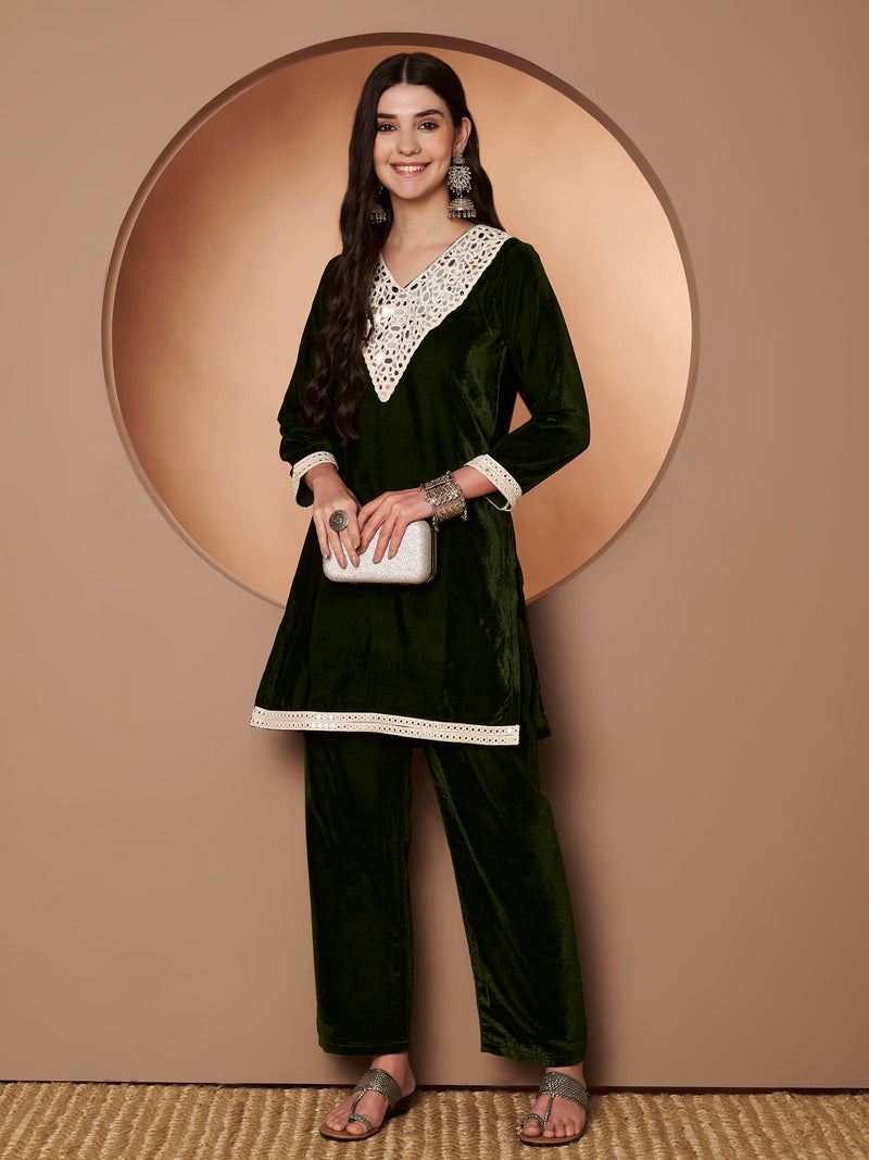 Poshak Hub Women Green Mirror Work Embroidery Velvet Tunic with Trouser Co-ord Set