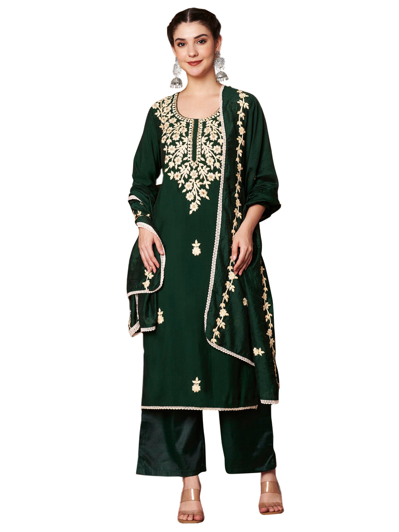 Dark-Green Floral Aari Work Embroidered Kurta with Palazzo & Embroidered Dupatta