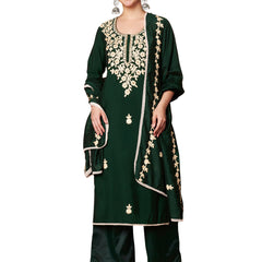 Dark-Green Floral Aari Work Embroidered Kurta with Palazzo & Embroidered Dupatta