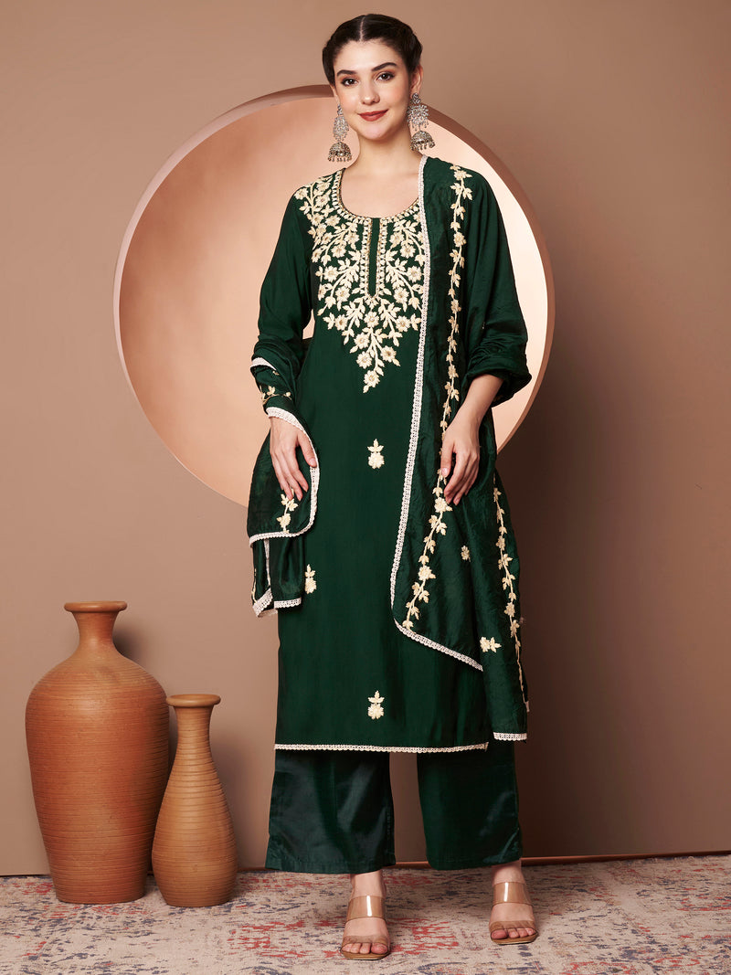 Dark-Green Floral Aari Work Embroidered Kurta with Palazzo & Embroidered Dupatta