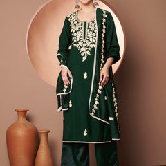 Dark-Green Floral Aari Work Embroidered Kurta with Palazzo & Embroidered Dupatta