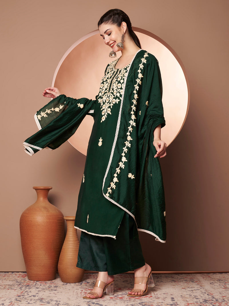 Dark-Green Floral Aari Work Embroidered Kurta with Palazzo & Embroidered Dupatta