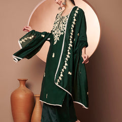 Dark-Green Floral Aari Work Embroidered Kurta with Palazzo & Embroidered Dupatta