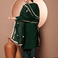 Dark-Green Floral Aari Work Embroidered Kurta with Palazzo & Embroidered Dupatta