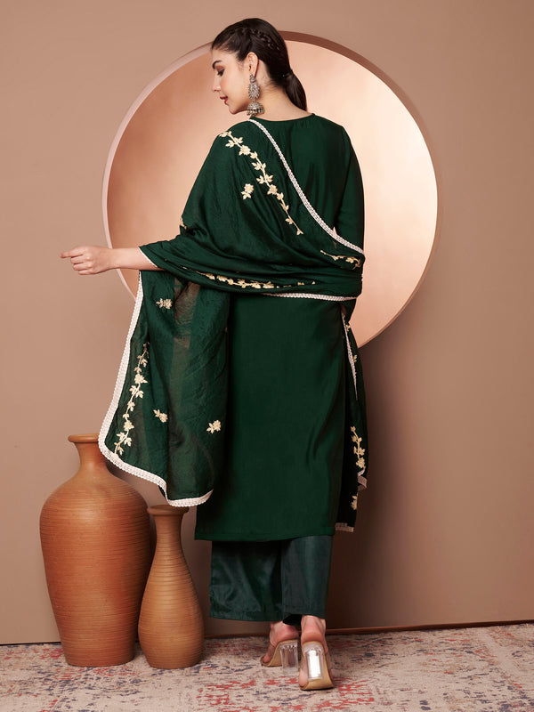 Dark-Green Floral Aari Work Embroidered Kurta with Palazzo & Embroidered Dupatta