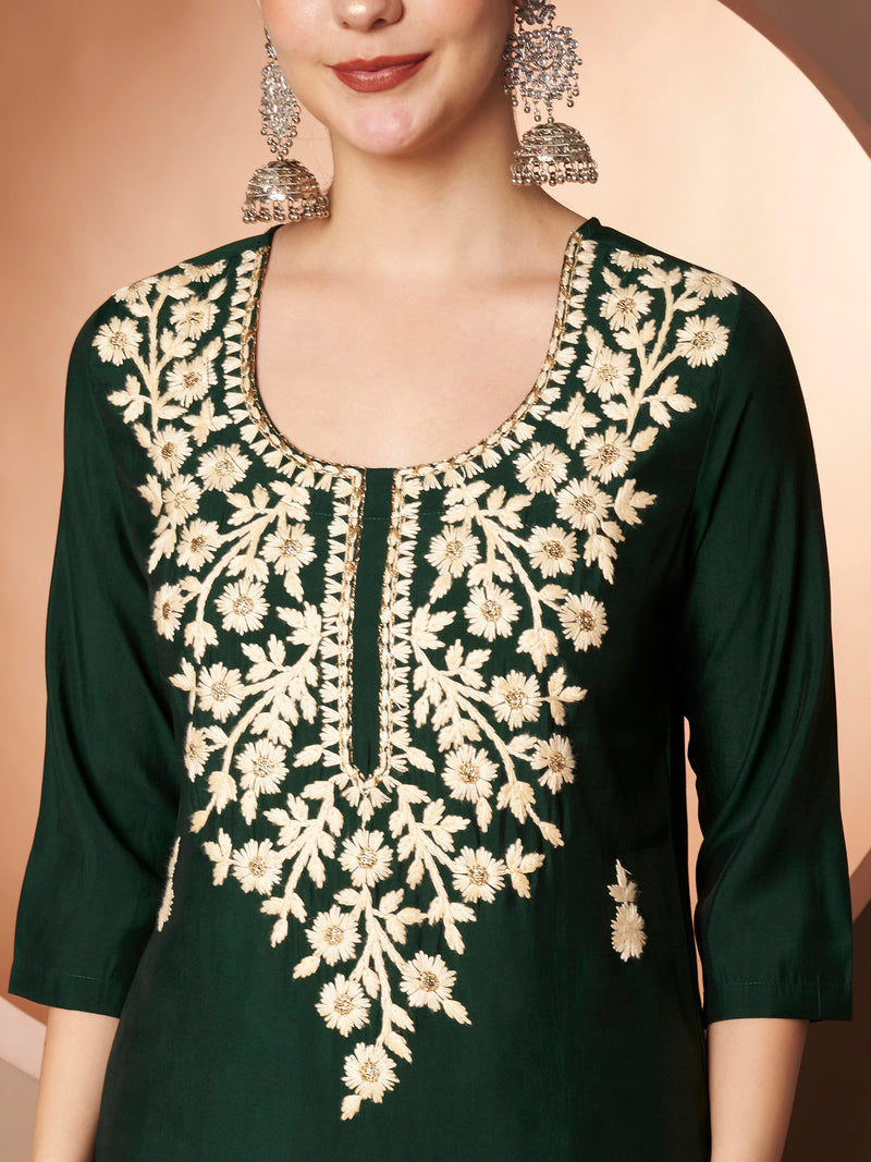 Dark-Green Floral Aari Work Embroidered Kurta with Palazzo & Embroidered Dupatta