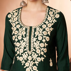 Dark-Green Floral Aari Work Embroidered Kurta with Palazzo & Embroidered Dupatta