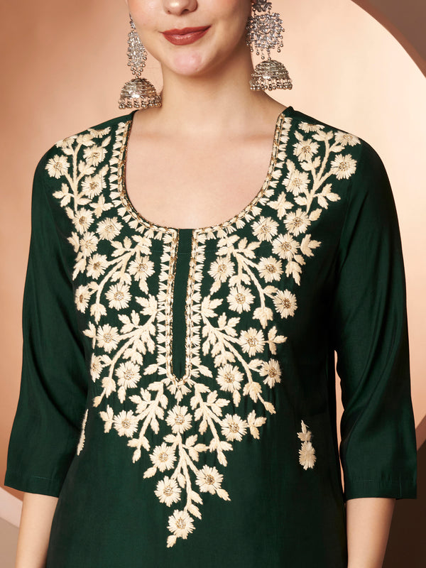 Dark-Green Floral Aari Work Embroidered Kurta with Palazzo & Embroidered Dupatta