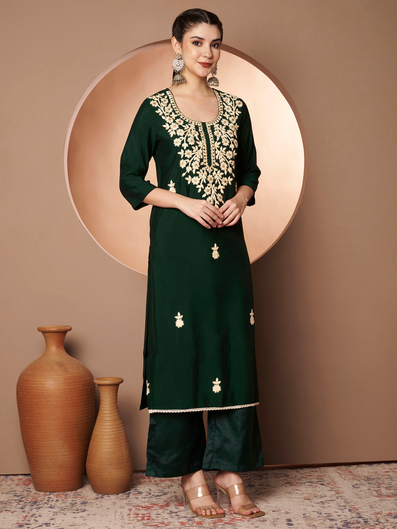 Dark-Green Floral Aari Work Embroidered Kurta with Palazzo & Embroidered Dupatta