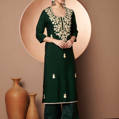 Dark-Green Floral Aari Work Embroidered Kurta with Palazzo & Embroidered Dupatta