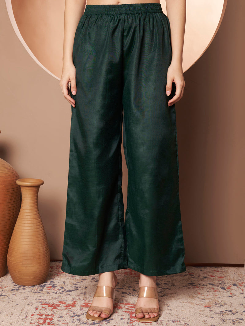 Dark-Green Floral Aari Work Embroidered Kurta with Palazzo & Embroidered Dupatta