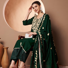 Dark-Green Floral Aari Work Embroidered Kurta with Palazzo & Embroidered Dupatta
