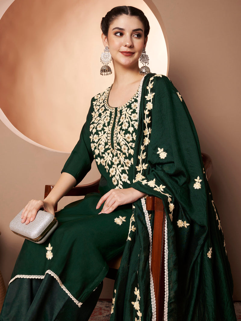 Dark-Green Floral Aari Work Embroidered Kurta with Palazzo & Embroidered Dupatta