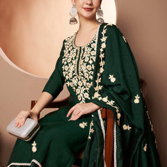 Dark-Green Floral Aari Work Embroidered Kurta with Palazzo & Embroidered Dupatta