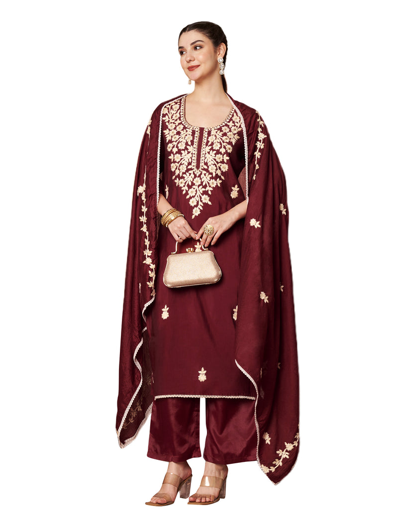 Maroon Floral Aari Work Embroidered Kurta with Palazzo & Embroidered Dupatta