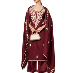 Maroon Floral Aari Work Embroidered Kurta with Palazzo & Embroidered Dupatta