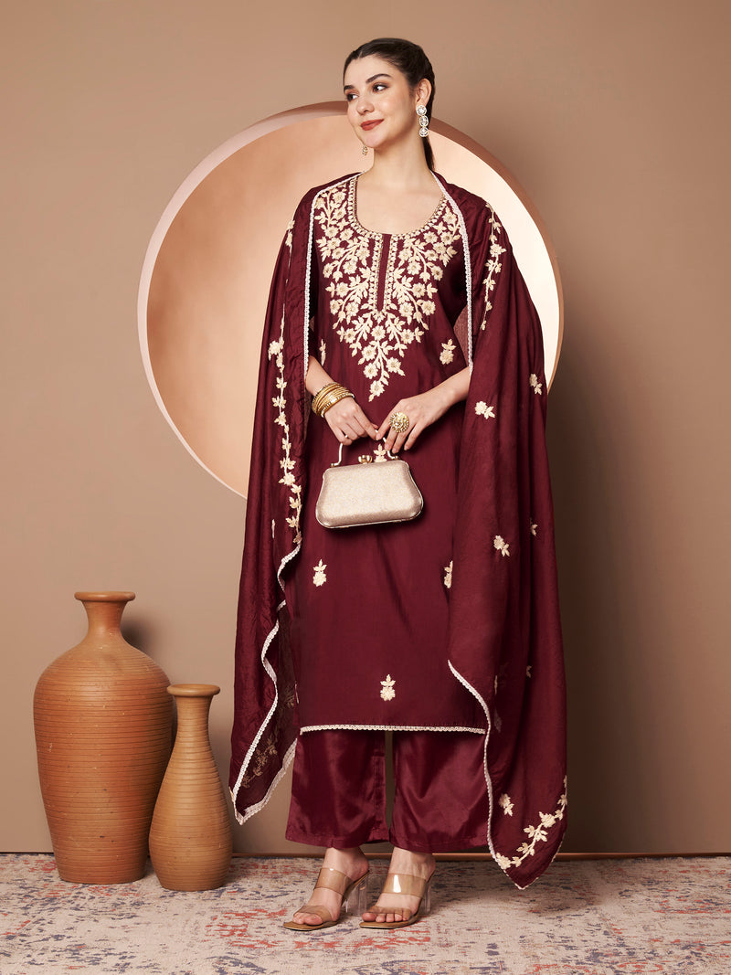 Maroon Floral Aari Work Embroidered Kurta with Palazzo & Embroidered Dupatta