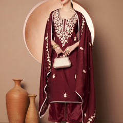Maroon Floral Aari Work Embroidered Kurta with Palazzo & Embroidered Dupatta