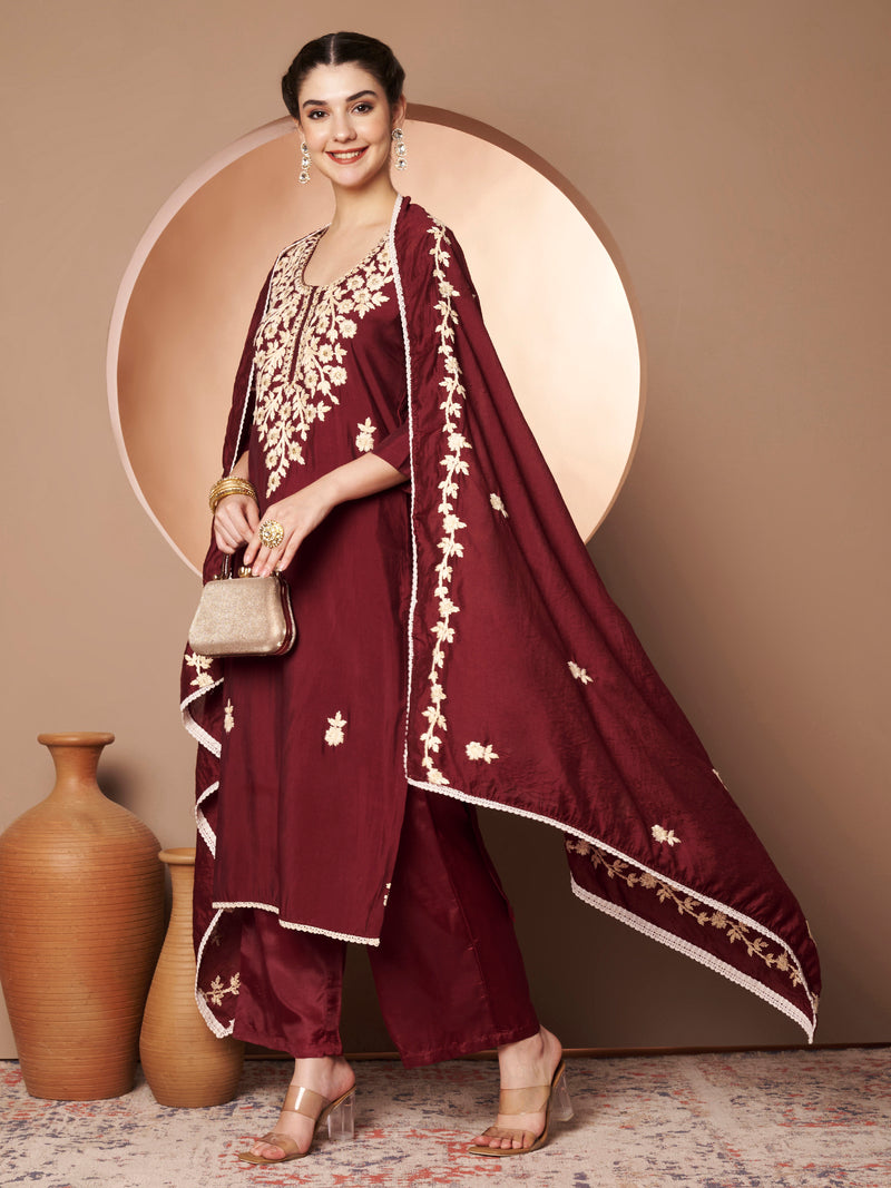 Maroon Floral Aari Work Embroidered Kurta with Palazzo & Embroidered Dupatta