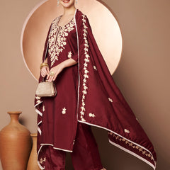 Maroon Floral Aari Work Embroidered Kurta with Palazzo & Embroidered Dupatta