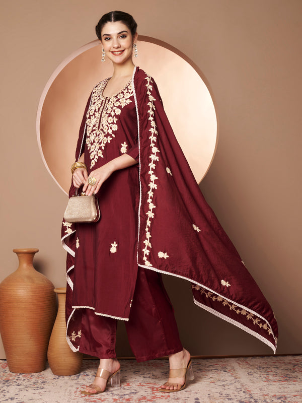 Maroon Floral Aari Work Embroidered Kurta with Palazzo & Embroidered Dupatta