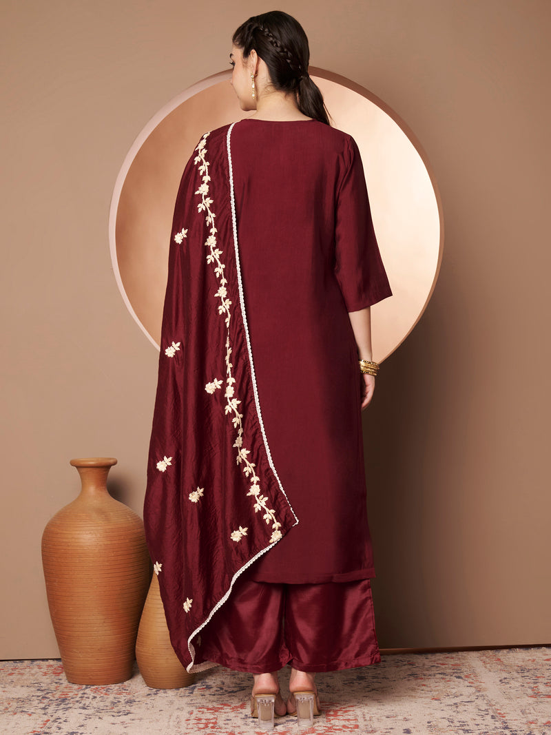 Maroon Floral Aari Work Embroidered Kurta with Palazzo & Embroidered Dupatta