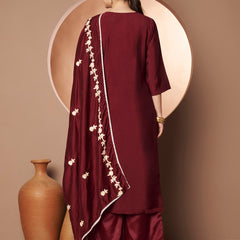 Maroon Floral Aari Work Embroidered Kurta with Palazzo & Embroidered Dupatta