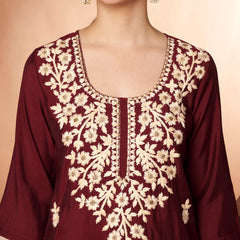 Maroon Floral Aari Work Embroidered Kurta with Palazzo & Embroidered Dupatta