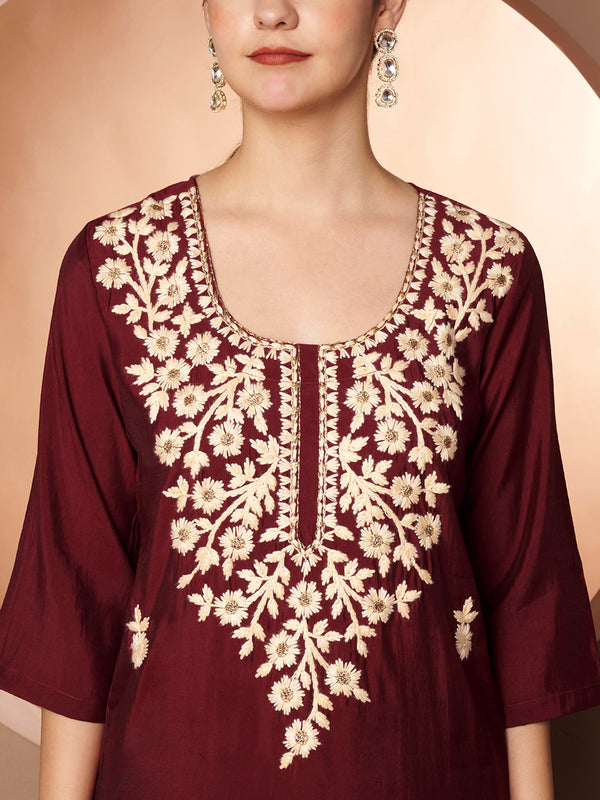 Maroon Floral Aari Work Embroidered Kurta with Palazzo & Embroidered Dupatta