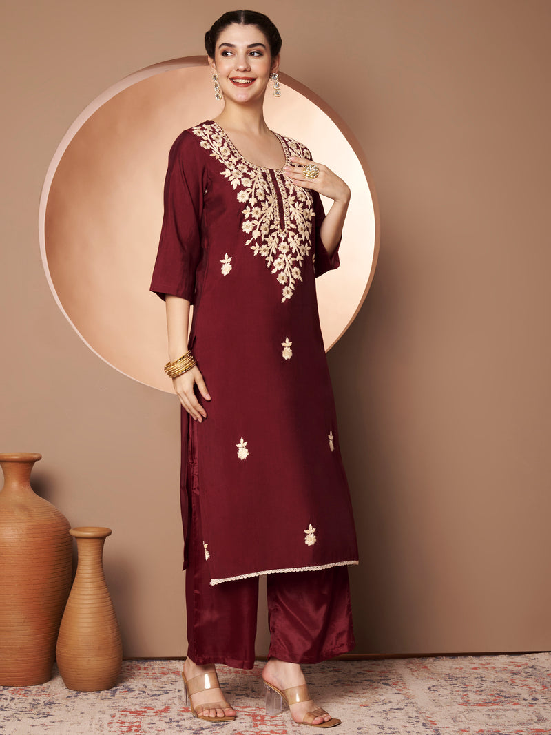 Maroon Floral Aari Work Embroidered Kurta with Palazzo & Embroidered Dupatta