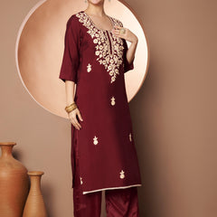 Maroon Floral Aari Work Embroidered Kurta with Palazzo & Embroidered Dupatta