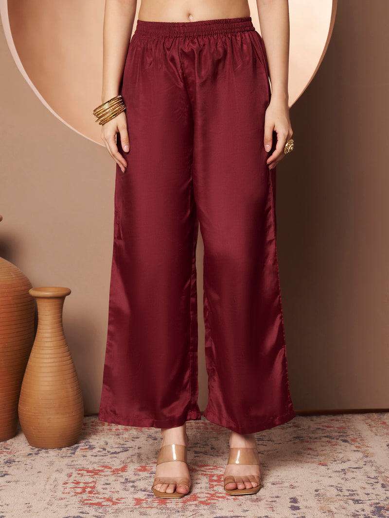 Maroon Floral Aari Work Embroidered Kurta with Palazzo & Embroidered Dupatta