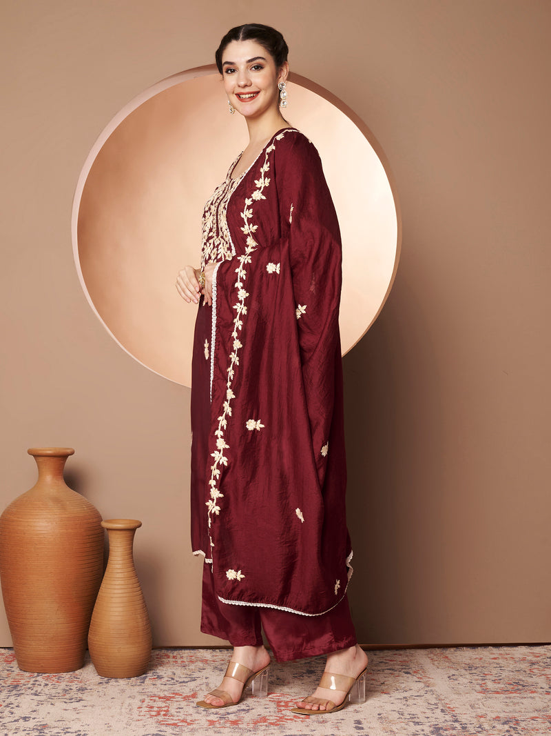 Maroon Floral Aari Work Embroidered Kurta with Palazzo & Embroidered Dupatta