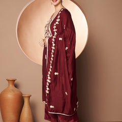 Maroon Floral Aari Work Embroidered Kurta with Palazzo & Embroidered Dupatta