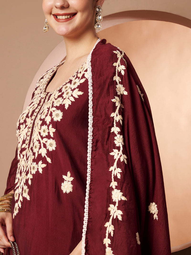 Maroon Floral Aari Work Embroidered Kurta with Palazzo & Embroidered Dupatta