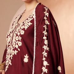 Maroon Floral Aari Work Embroidered Kurta with Palazzo & Embroidered Dupatta