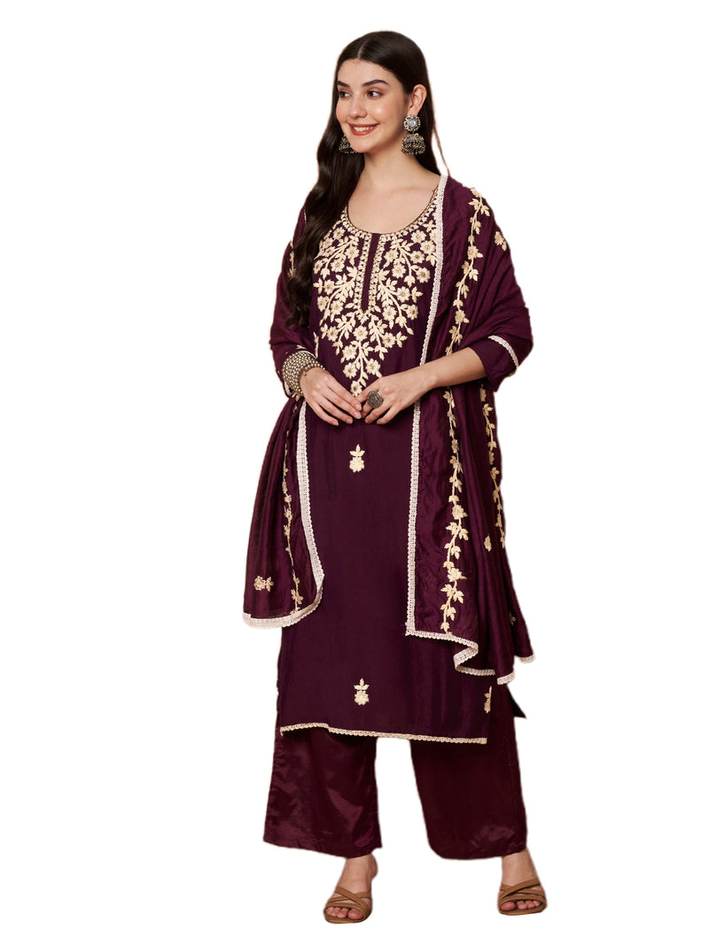 Purple Floral Aari Work Embroidered Kurta with Palazzo & Embroidered Dupatta