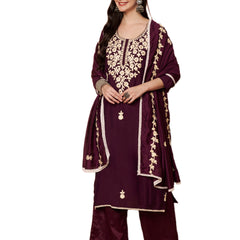 Purple Floral Aari Work Embroidered Kurta with Palazzo & Embroidered Dupatta